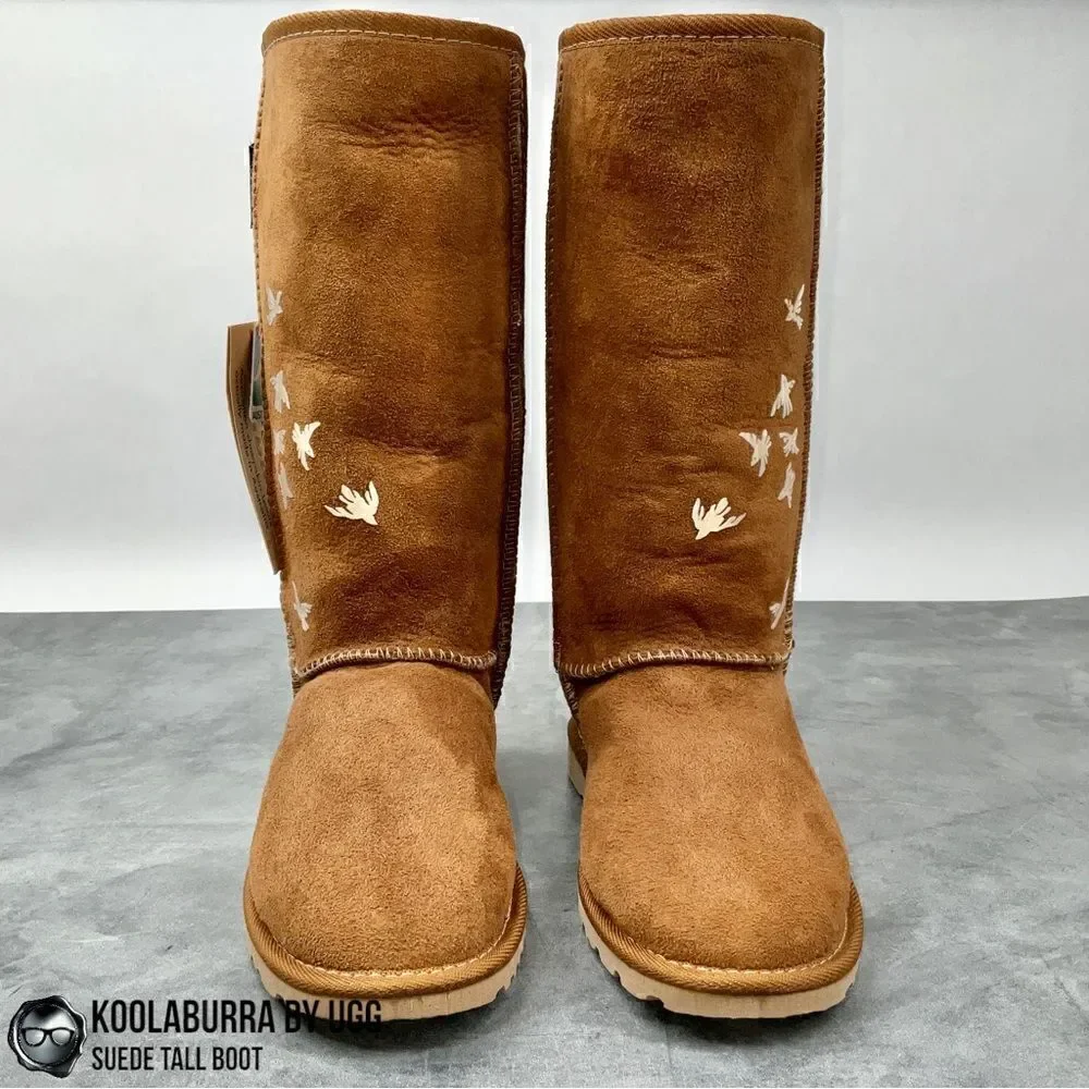 UGG KOOLABURRA PEACE TALL BOOTS CHESTNUT SUEDE SHEEPSKIN FLYING BIRDS DOVE FLOCK